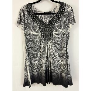 APT. 9 1X Black White Paisley Tunic Top, Stretch, Unleash Your Edge